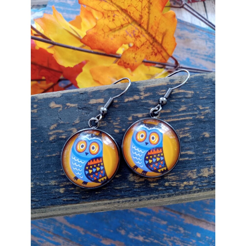 Colorful Owl Earrings, Glass Cabochon Dangles, Whimsical Jewelry